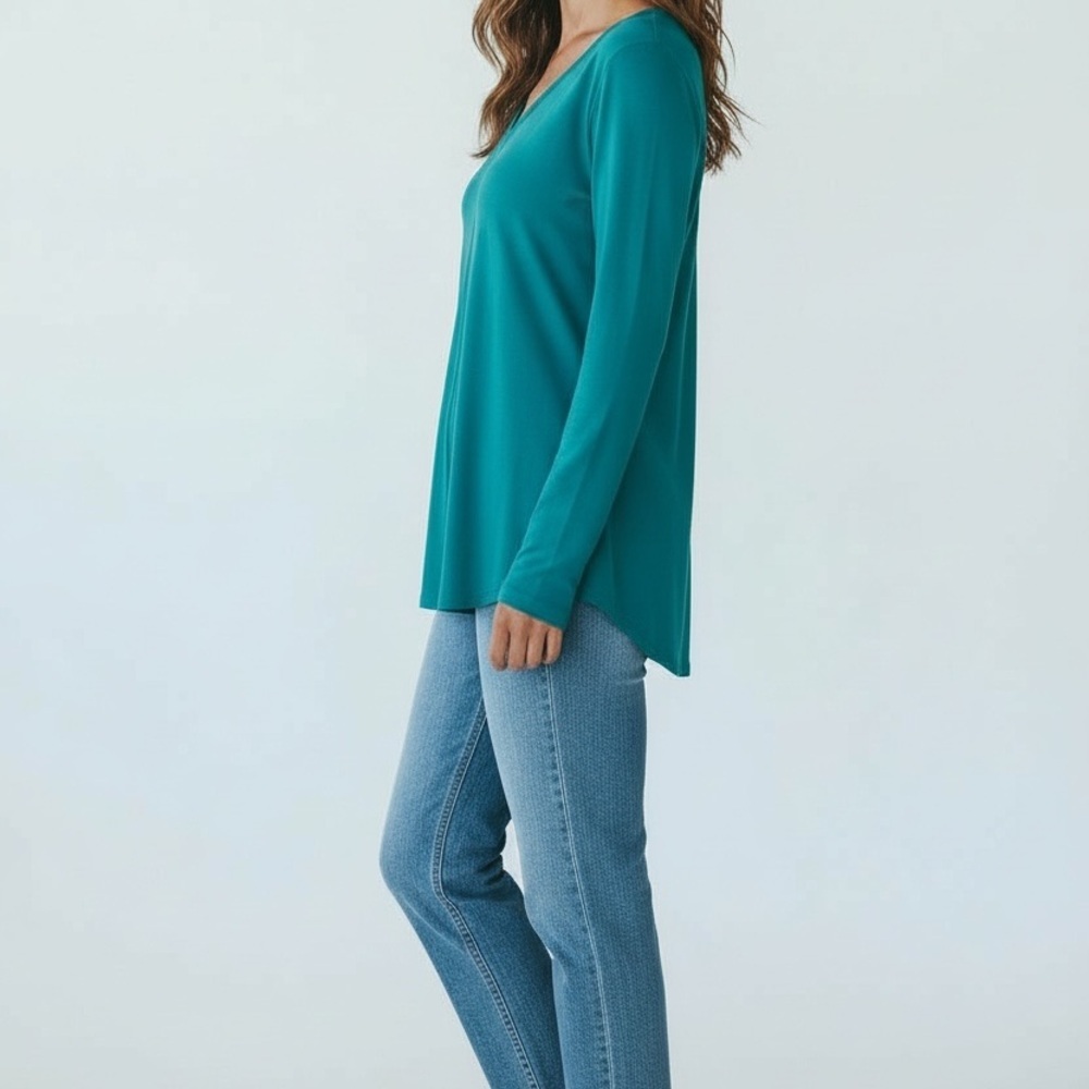 Coolibar Sun Protect Teal Tunic Soft Cotton Blend Vneck Long Sleeve Hi Low Top M - Picture 2 of 7